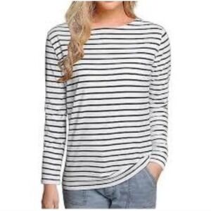Untuckit Leoville Long Sleeve Boat Neck Black White Stripe Large Cotton New